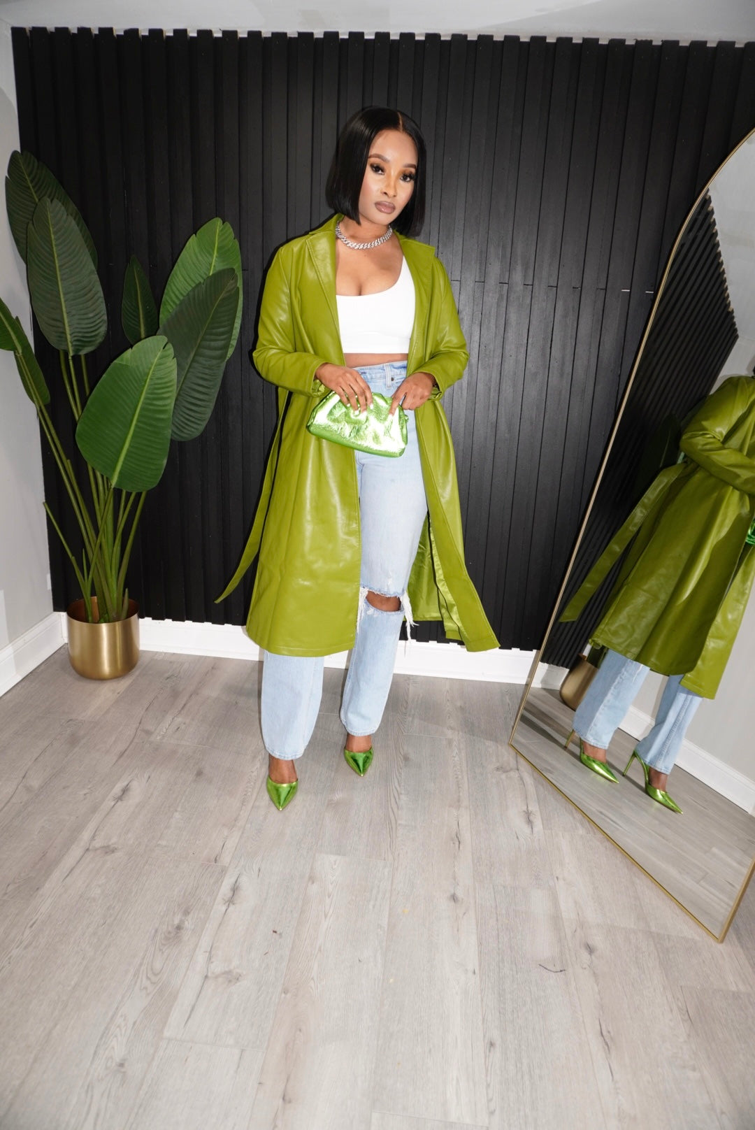 GREEN LEATHER TRENCH COAT WITH BELT