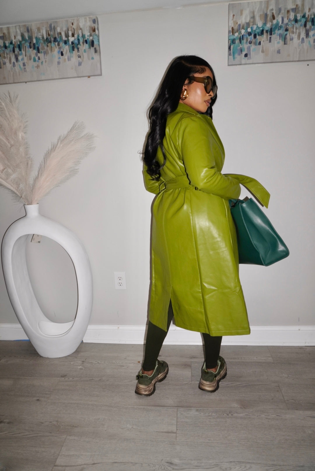 GREEN LEATHER TRENCH COAT WITH BELT