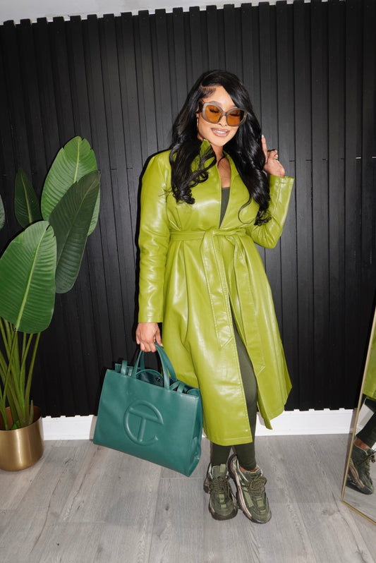 GREEN LEATHER TRENCH COAT WITH BELT