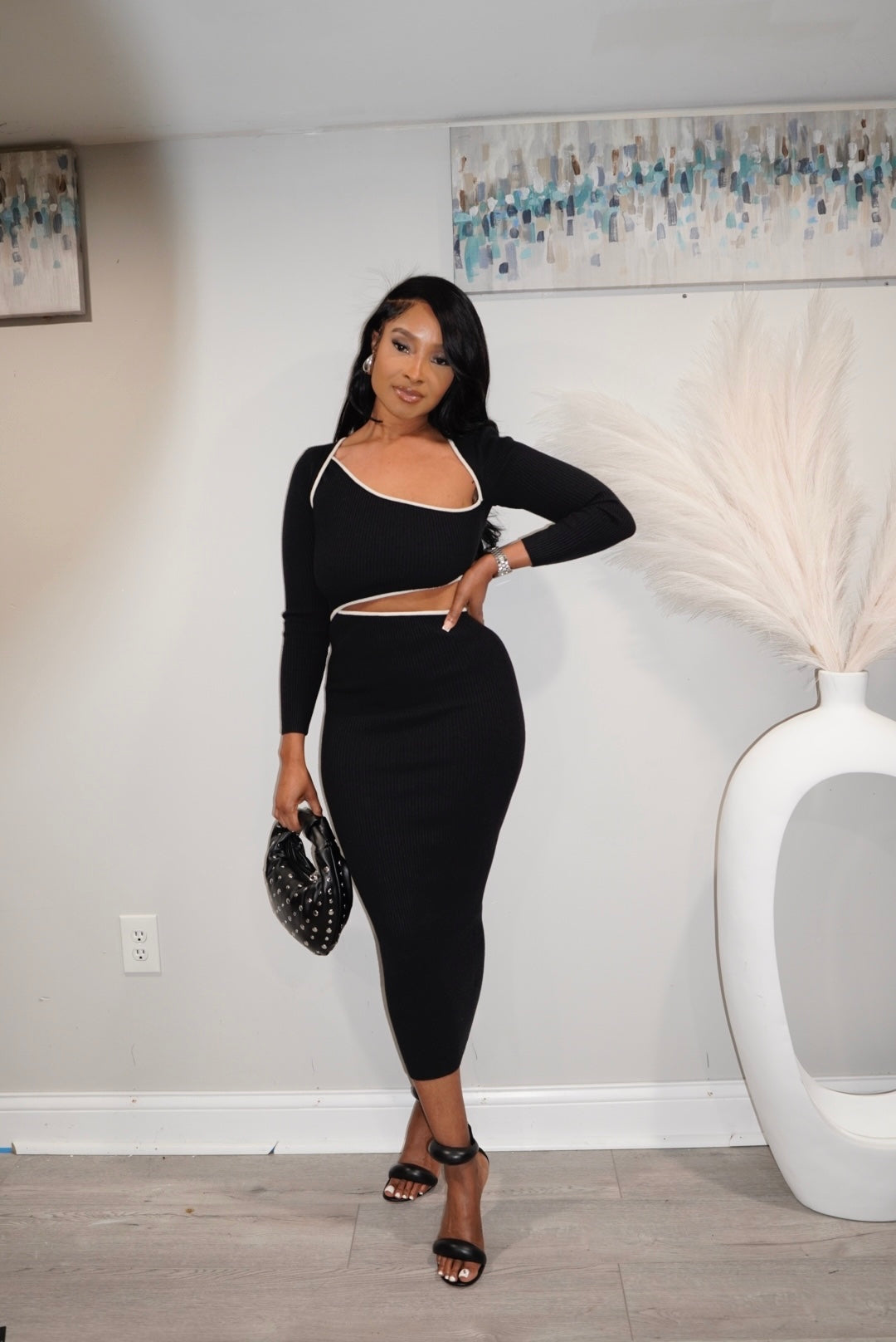 RIBBED CUT OUT BODYCON DRESS Medium / Black
