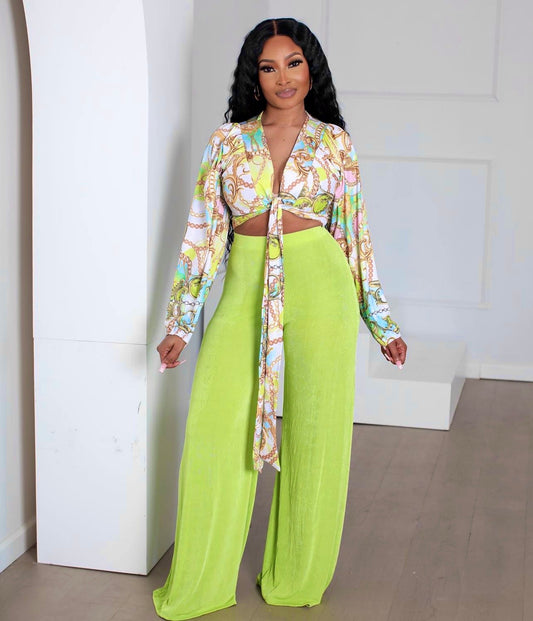 SLINKY GREEN WIDE LEG FLARE PANTS